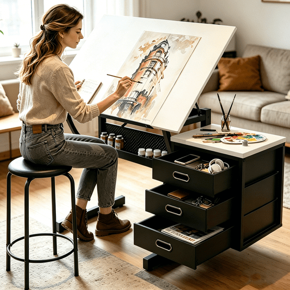 Drafting Table with Stool & Storage, Adjustable 0-70° Lockable Artist Drawing Table, 3 Drawers - 35.43" x 23.62'' Tabletop, Tilted Art Table for Home Office, Crafting, Reading, Writing, White