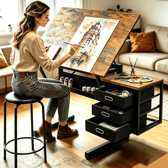 Drafting Table with Stool & Storage, Adjustable 0-70° Lockable Artist Drawing Table, 3 Drawers - 35.43" x 23.62'' Tabletop, Tilted Art Table for Home Office, Crafting, Reading, Writing, Brown