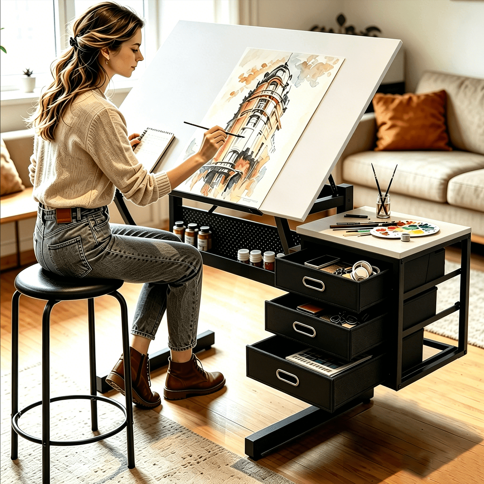Alden Design Adjustable Drafting Table with Stool, Oak - Walmart.com