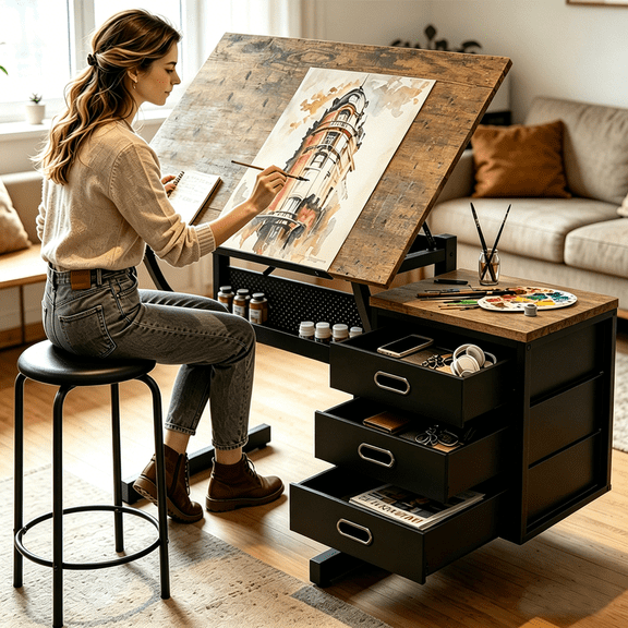 Drafting Table with Stool & Storage, Adjustable 0-70° Lockable Artist Drawing Table, 3 Drawers - 35.43" x 23.62'' Tabletop, Tilted Art Table for Home Office, Crafting, Reading, Writing, Brown