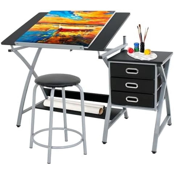 Drafting Table and Stool, Tilted Draft Table Desk w/Drawers, Artist Drawing Desk Craft Table for Drafting, Painting, Reading, Writing$$Home Decor, Kitchen, & Other