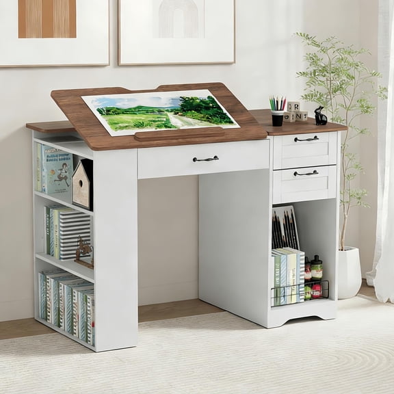Drafting Table with Storage Cabinet & Drawers, Adjustable Drawing Desk with Open Shelves, Craft Table Painting Desk for Artists, Painters, Drawing, Crafting, Reading, Writing, Working