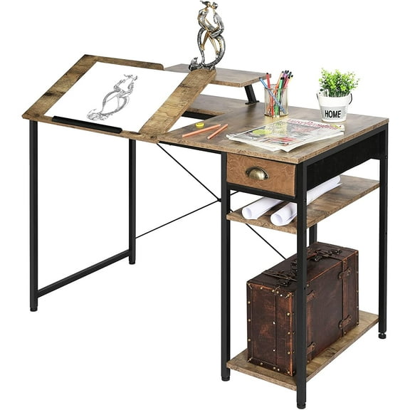 Drafting Table with Storage Shelves & Drawer, 43" Adjustable Art Desk with Monitor Stand for Home Office Computer, Tiltable Draft Drawing Table for Artist, Study, Writing Workstation