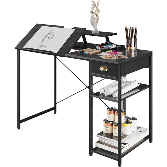 Drafting Table with Storage Shelves & Drawer, 43" Adjustable Art Desk with Monitor Stand for Home Office Computer, Tiltable Draft Drawing Table for Artist, Study, Writing Workstation, Black