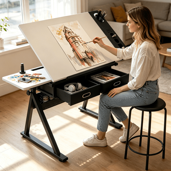 Drafting Table with Storage & Stool, 0-75° Lockable Angle, 26.77" to 35.82" Adjustable Height, 35.58" x 23.62'' Tabletop, 2 Drawers and 1 Shelf, Tilted Writing Drawing Table for Home Office, White