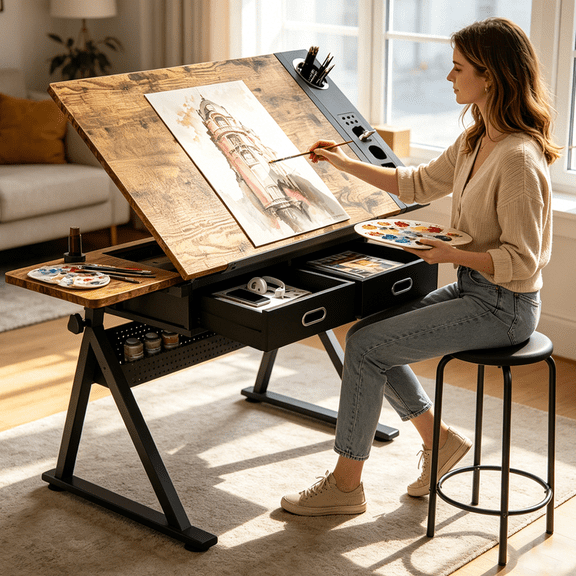Drafting Table with Storage & Stool, 0-75° Lockable Angle, 26.77" to 35.82" Adjustable Height, 35.58" x 23.62'' Tabletop, 2 Drawers and Shelf, Tilted Writing Drawing Table for Home, Rustic Brown