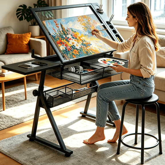 Drafting Table with Storage & Stool, Tempered Glass, 0-75° Lockable Angle, 27.16" to 35.82" Adjustable Height, 40.15" x 23.62'' Tabletop, 2 Drawers and Shelf, Tilted Writing Drawing Table, Black
