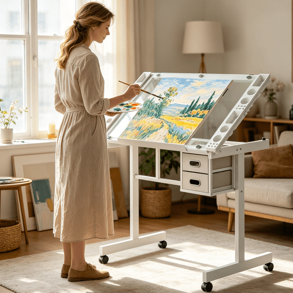 Drafting Table with Storage Tempered Glass, 0-70° Lockable Angle, 40.55" x 23.62'' Scratch-Resistant Tabletop, 2 Removable Drawers, 4 Wheels, Metal Frame, Tilted Writing Drawing Table for Home, White