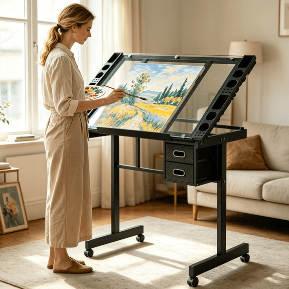 Drafting Table with Storage Tempered Glass, 0-70° Lockable Angle, 40.55" x 23.62'' Scratch-Resistant Tabletop, 2 Removable Drawers, 4 Wheels, Metal Frame, Tilted Writing Drawing Table for Home, Black