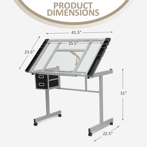 Drafting Table Versatile Art Craft Work Station With Adjustable Glass Tabletop Wheels Slide Drawers For Drawing, Writing, Sketching, Reading, Painting Home Office Study