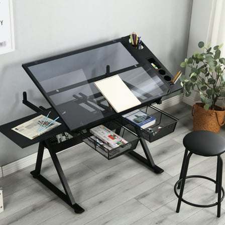 Drafting Table With Chair & 0 - 75° Adjustable Tempered Glass Top Black Side Storage Space