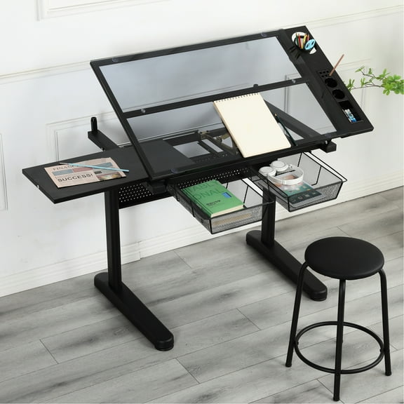 Drafting Table With Hand Crank, Metal Drawers, Stool & 0 - 75 Degree Tiltable E0 Grade Desktop Black Crank Operated Desk 2 Function 75°
