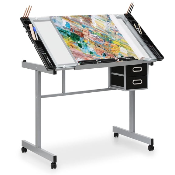 Drafting Table on Wheels with Storage & Side Tray - Adjustable 0-65 Glass Tabletop, Replaceable Feet Art Desk