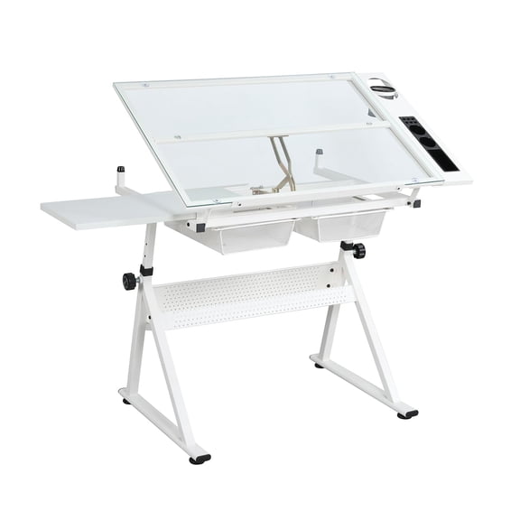 Drafting Table w/Stool, Height Adjustable Drawing Table, Multifunctional Art Craft Paintings Work Station w/2 Storage Drawers Artists Desk Tilting Glass Tabletop for Home Office, White