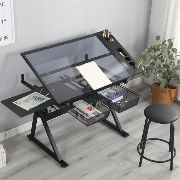 Drafting Table with Chair, Adjustable Height/Tilt, 5mm Tempered Glass Top, Storage | Black | Steel