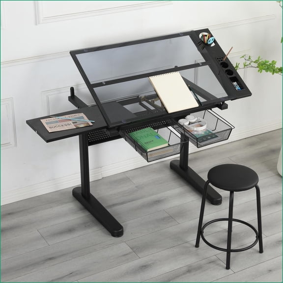 Drafting Table with Hand Crank Height Adjustment, Tiltable Glass Top & Stool | 2 Metal Drawers | Black, Glass+Metal