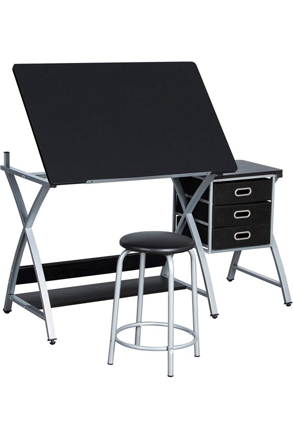 Drafting Tables, Draft Drawing Desk w/Stool and Tiltable Tabletop, 3 Storage Drawers, Reading, Writing Art Crafting Workstation, Black