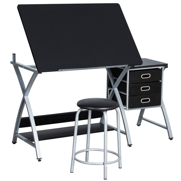 Drafting Tables, Draft Drawing Desk with Stool and Tiltable Tabletop, 3 Storage Drawers for Reading Writing Art Crafting Workstation, Black
