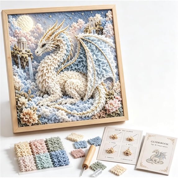 Dragon 3D Fabric Poke Art Kit for Adults, Easy No-Sew DIY Craft Set with Pre-Cut Fabric Pieces and Poking Tool, Creative Handmade Art Project with Display Frame,White Dragon