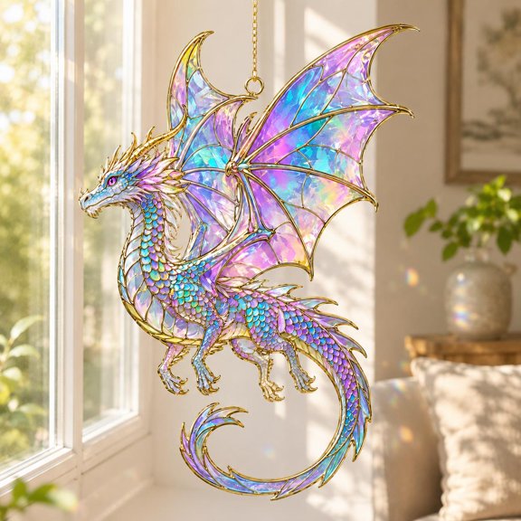 Dragon Acrylic Suncatcher, Faux Stained Glass Window Hanging, Fantasy Decor