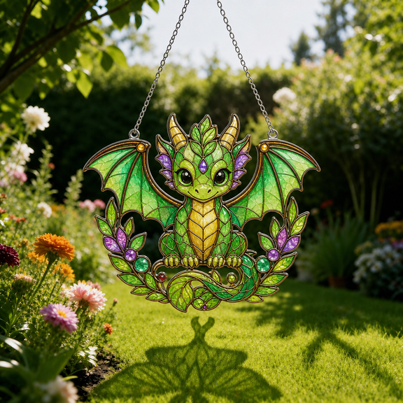 Dragon Acrylic Suncatcher Window Hanging, Stained Glass Style Gift for Mom or Garden Lover