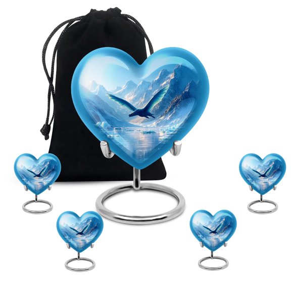 Dragon Adult Cremation Funeral Heart Urn for Human Ashes, Keepsake Memorial Gift, Handcrafted Small Urns for Ash Container, Combo, Blue (10 Inch & 3 Inch Mini Set of 3)