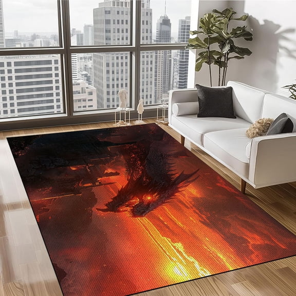 Dragon Area Rug,Fire Dragon Carpet 5x8 for Bedside for Kids Boys Teens Adult,Wildlife Pattern Living Room Rug Non Slip,Black and Fire Animal Accent Rug Set for Bedroom Non Shedding