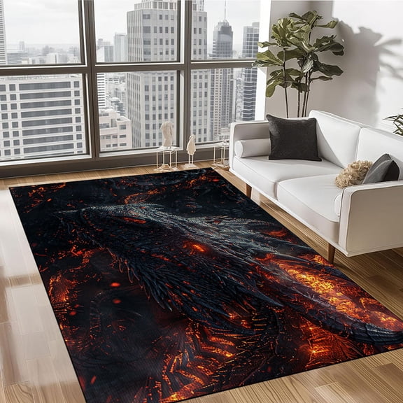 Dragon Area Rug,Fire Dragon Carpet 5x8 for Bedside for Kids Boys Teens Adult,Wildlife Pattern Living Room Rug Non Slip,Black and Fire Animal Accent Rug Set for Bedroom Non Shedding