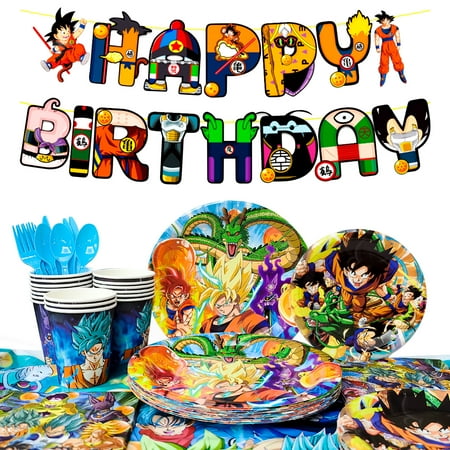 Dragon Ball Birthday Party Decoration Tableware Set, Dragon Ball Party Supplies Tableware Include Dragon Ball Table Cloth Banner Plates Napkins Cups, for Goku Birthday Party Decorations