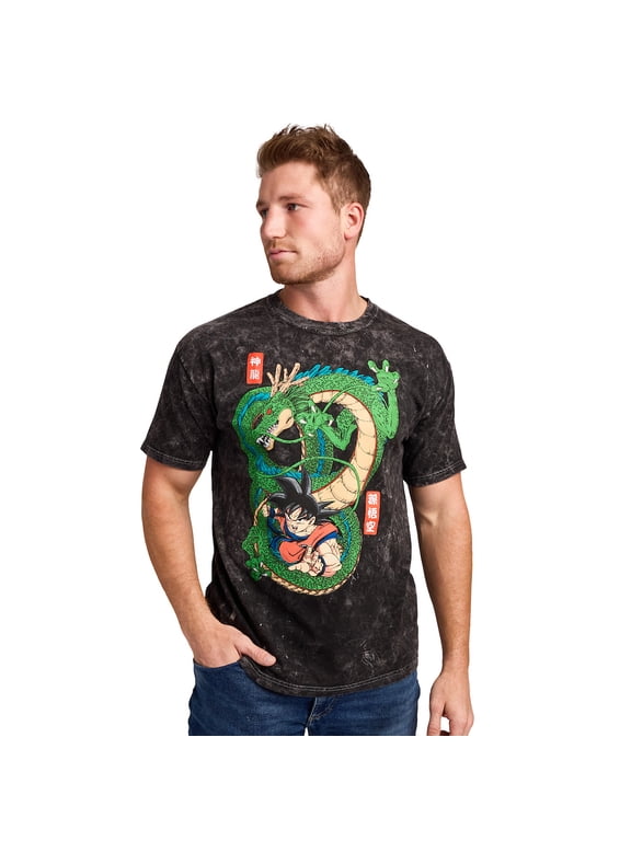 Dragon Ball Goku & Shenron Men's Black Mineral Wash Crew Neck Short Sleeve T-shirt-Large