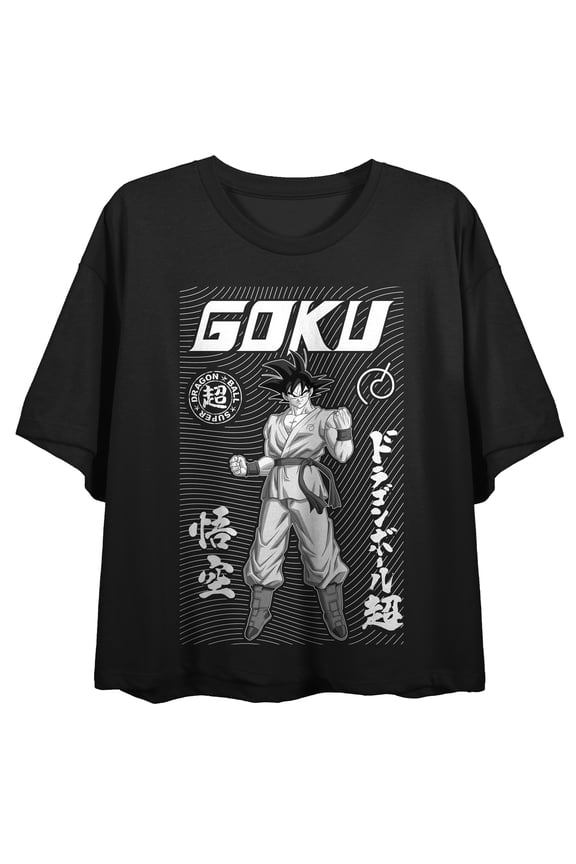 Dragon Ball Super Goku Symbols & Kanji Crew Neck Short Sleeve Women's Black Crop Top-XL