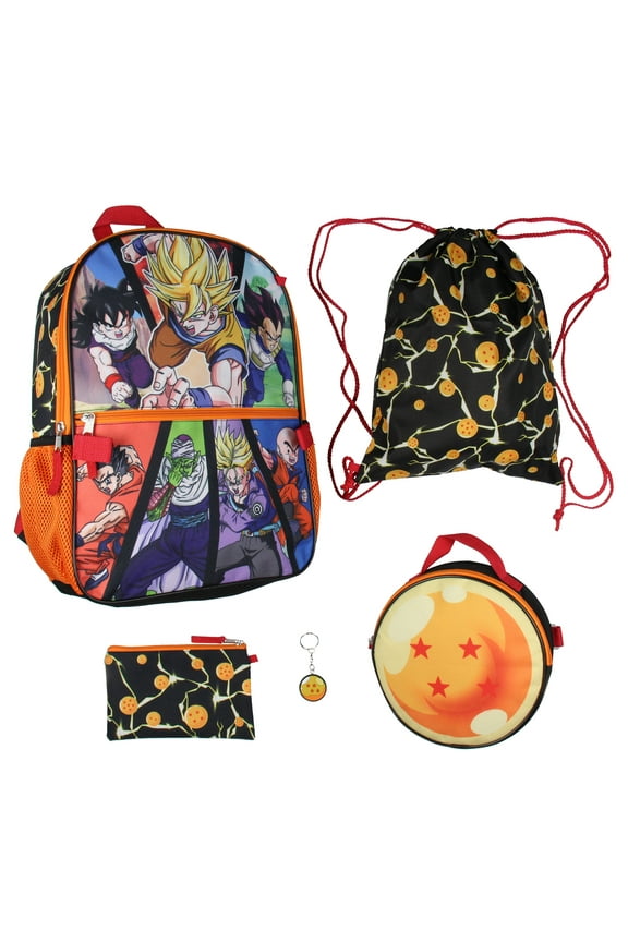 Dragon Ball Z Backpack Lunch Box Drawstring Bag Keychain Pencil Case 5 Pc Set 16"