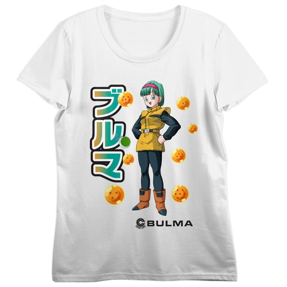 Dragon Ball Z Bulma & Kanji Name Women’s White Crew Neck Short Sleeve T-shirt-Large