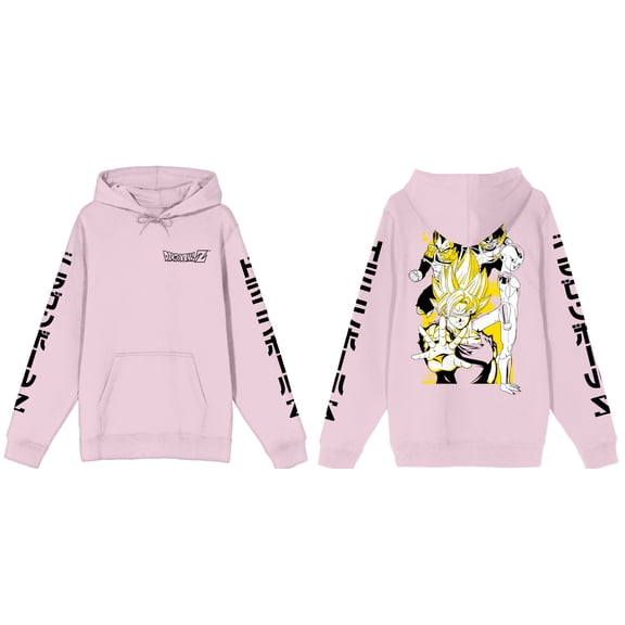 Dragon Ball Z Characters on Back with Kanji Sleeves Men's Pink Graphic Hoodie-3XL