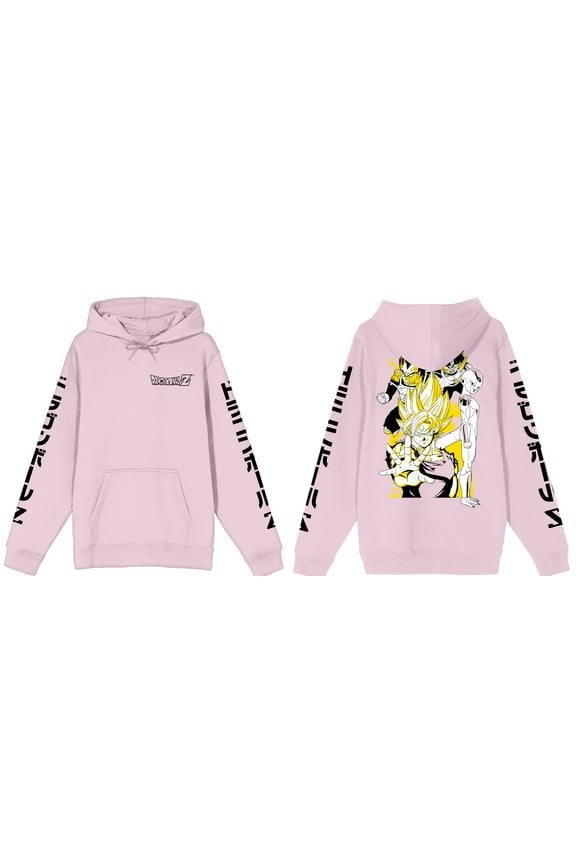 Dragon Ball Z Characters on Back with Kanji Sleeves Men's Pink Graphic Hoodie-XXL