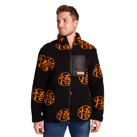 Dragon Ball Z Goku Kanji Symbol All-Over Print Men's Black Long Sleeve Sherpa Outerwear Jacket-Medium