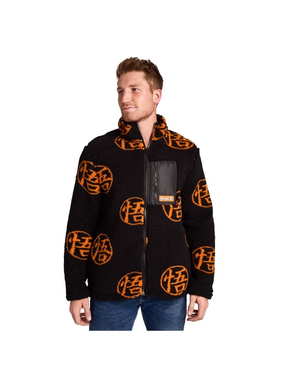 Dragon Ball Z Goku Kanji Symbol All-Over Print Men's Black Long Sleeve Sherpa Outerwear Jacket-Medium