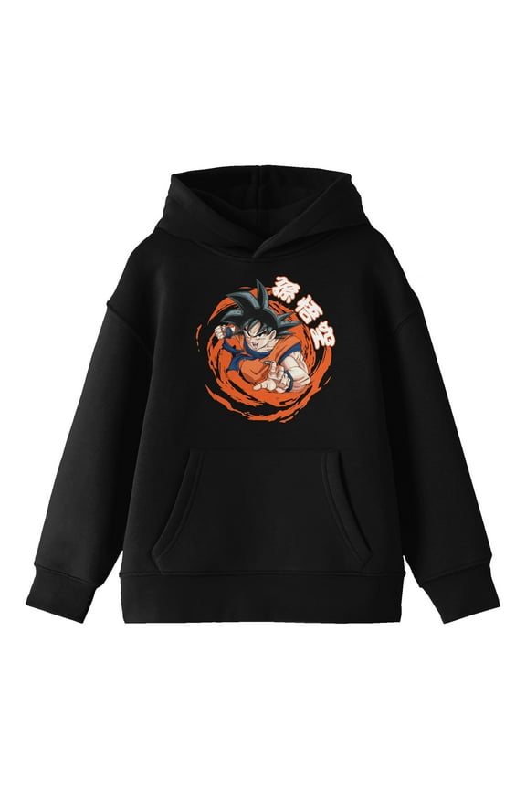 Dragon Ball Z Goku Orange Swirl Background Long Sleeve Youth Black Hooded Sweatshirt-Large