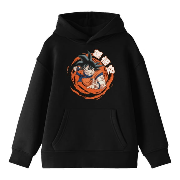 Dragon Ball Z Goku Orange Swirl Background Long Sleeve Youth Black Hooded Sweatshirt-Small