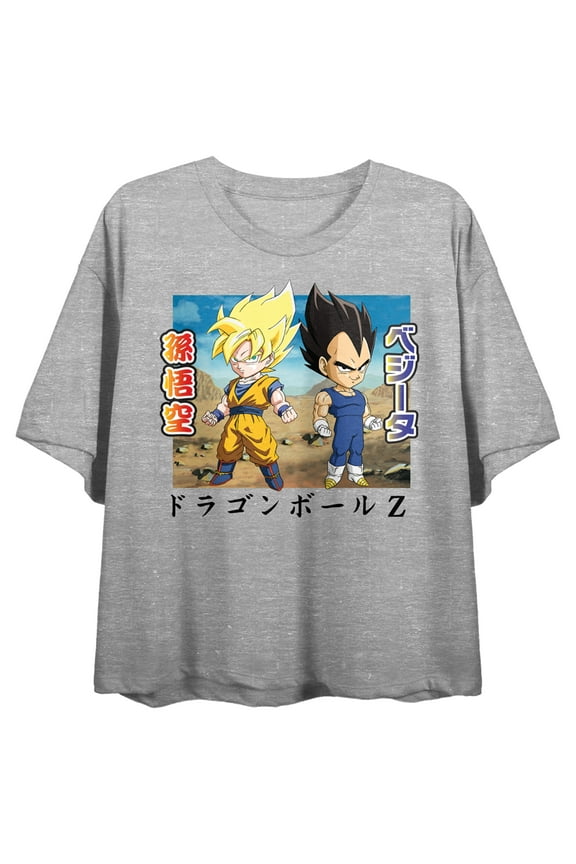 Dragon Ball Z Goku & Vegeta Crew Neck Short Sleeve Gray Heather Women's Crop Top-Large