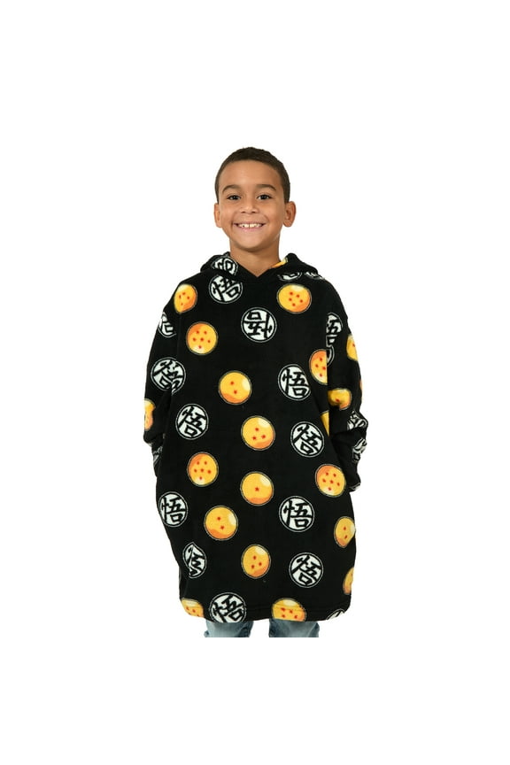 Dragon Ball Z Kanji & Dragon Ball All-Over Print Long Sleeve Boy's Black Kids Wearable Hoodie Blanket-L/XL
