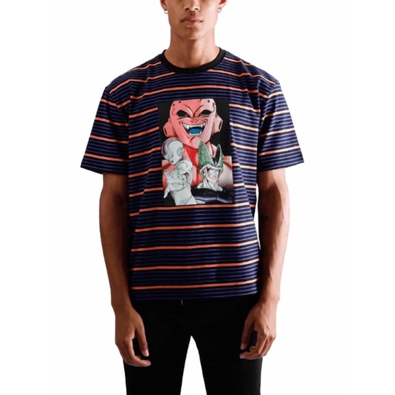 Dragon Ball Z Kid Buu Frieza & Cell Crew Neck Short Sleeve Blue & Orange Striped T-shirt-Medium