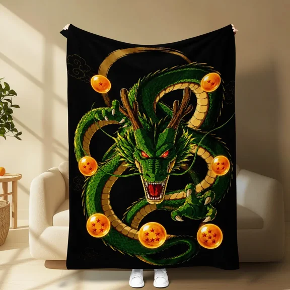 Dragon Ball Z Shenron Blanket, Seven Dragon Balls Anime Flannel Throw Blanket, Legendary Green Dragon Soft Fleece Blanket for Couch Bed, Gift for DBZ Fans