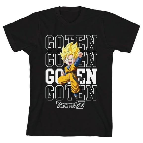 Dragon Ball Z Super Saiyan Goten Repeat Text Boy's Black Crew Neck Short Sleeve T-shirt-XS
