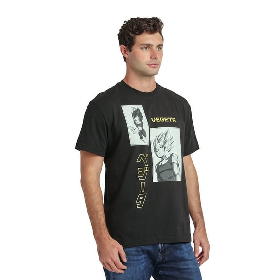 Dragon Ball Z Vegeta & Goku Character Panels Men's Black Crew Neck Short Sleeve T-shirt-Large