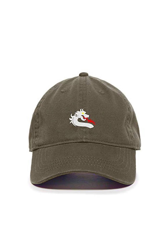 Dragon Baseball Cap Embroidered Cotton Adjustable Dad Hat Olive