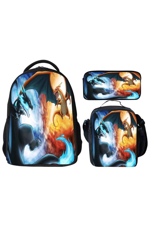 Dragon Battle Anime Print Backpack 3-Piece Set, Water-Resistant Lightweight Daypack with Insulated Lunch Bag & Pencil Case, Multi-Pocket Daily Commute & Library Bag