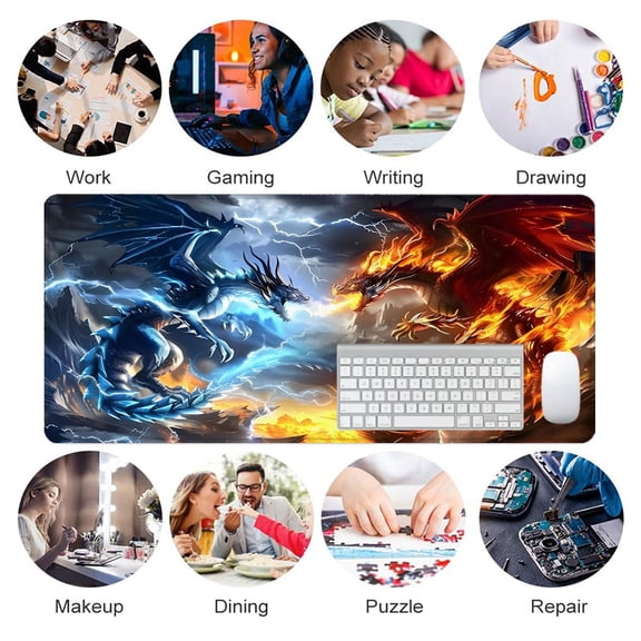 Dragon Battle Mouse Pad 31.5 x 11.82 inches Fire and Ice Fantasy Design Rubber Surface for Office and Gaming