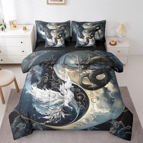 Erosebridal Dragon Bedding Set 7 Pieces Bed In A Bag Teen,Japanese Ukiyoe Comforter Animal Queen Size Ancient Loong Phoenix Sheet Set Teen Bedroom, Yin Yang Comforter Set With Sheet