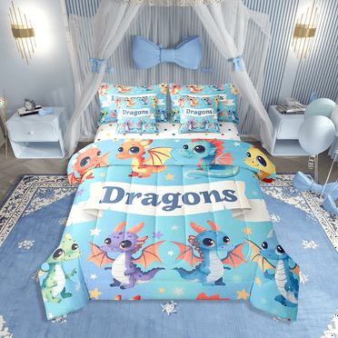 Dragon Bedding Set Kawaii Animals Bed In A Bag 7Pcs,Colourful Cartoon Cute Decor Twin Comforter Set Teens Bedroom Wildlife Dragons Bed Set,Blue